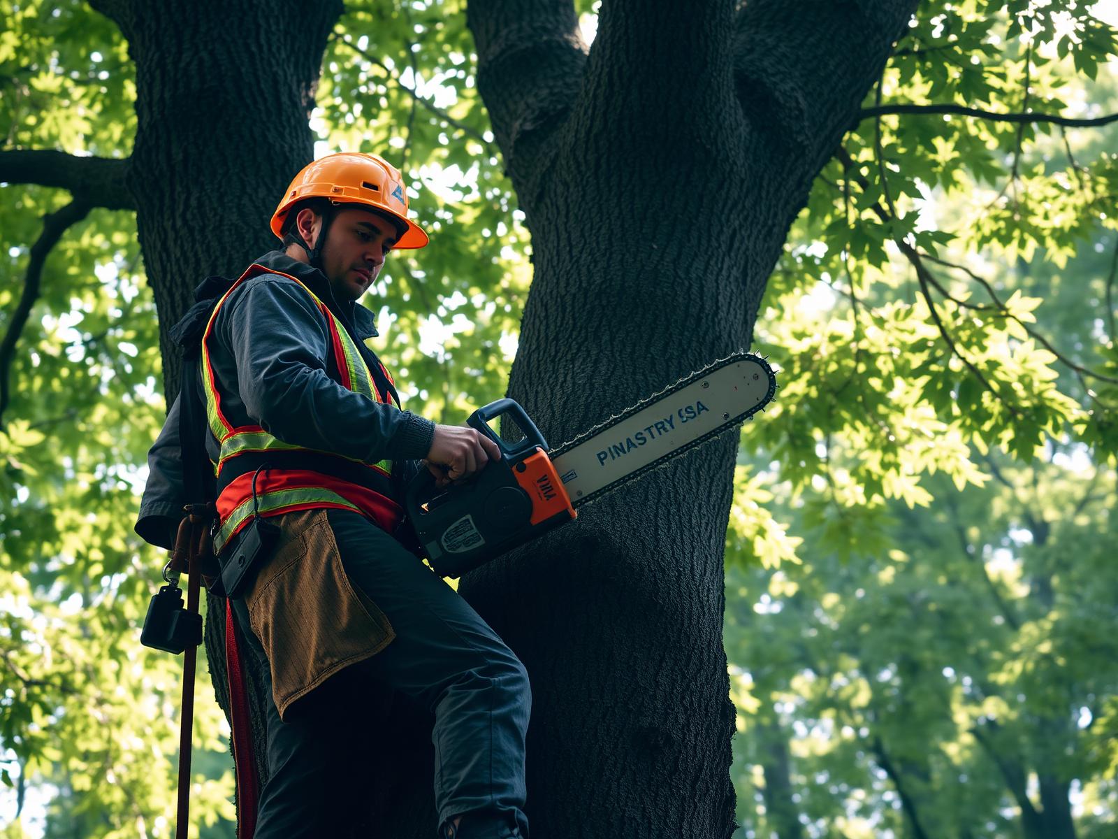Certified arborist climbing a large oak tree with safety gear
